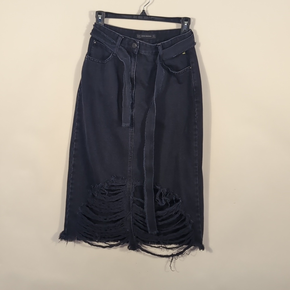 Zara Black Distressed Denim Pencil Skirt ✨ Edgy Chic - Size S